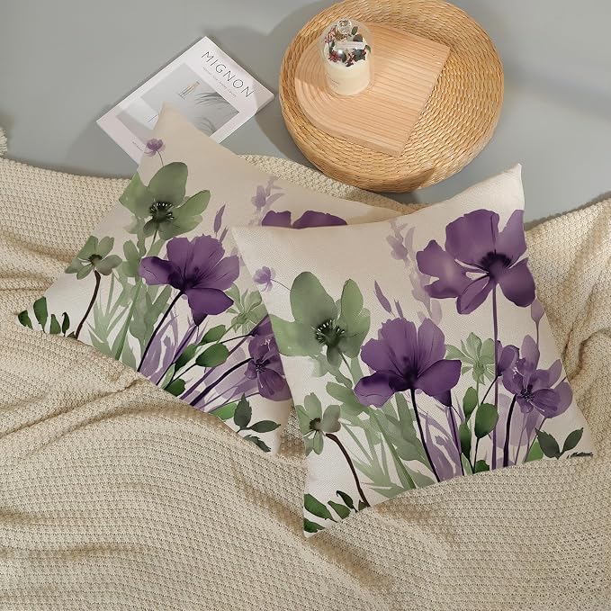 Sage Green Purple Floral Decorative Pillow Covers 18x18 Set of 2 | Flower Throw Pillow Cover Outdoor Decor Rustic Summer Pillowcase Farmhouse Decorative Cushion Cover For Home Sofa