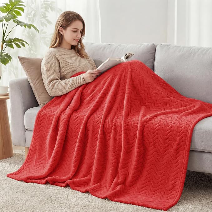 Exclusivo Mezcla Soft Fleece Throw Blanket for Couch, Cozy Lightweight Blankets with Decorative Wave Textured Suitable for All Season Use, Red, 50x70 Inches | 50"x70" Soft Breathable Lightweight Flannel Throws for Summer, Plush Cozy Jacquard Wave Blank...