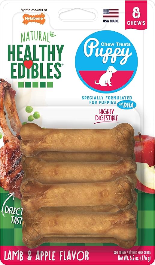 Nylabone Healthy Edibles Puppy Dog Treats, Lamb & Apple Flavor, 8 Count | Natural puppy treats, USA made, highly digestible, vet recommended, long lasting, small dog treats for puppies up to 15 lbs
