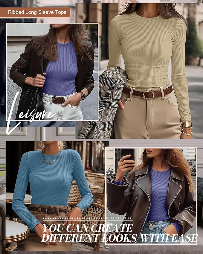 Ficerd 3 Pack Women's Ribbed Long Sleeve Tops, Crew Neck Slim Fit Undershirts Knit Basic Casual Stretch Layering Tee Shirts