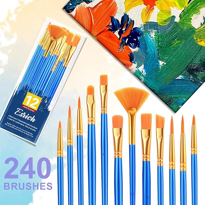ESRICH Paint Brushes Set,20 Pack 240 Pcs Nylon Hair Paintbrushes Round-Pointed Tip Paint Brush,Artist Paint Brushes for Acrylic Painting,Acrylic Oil Watercolor Face Arts,Kids Adult Drawing