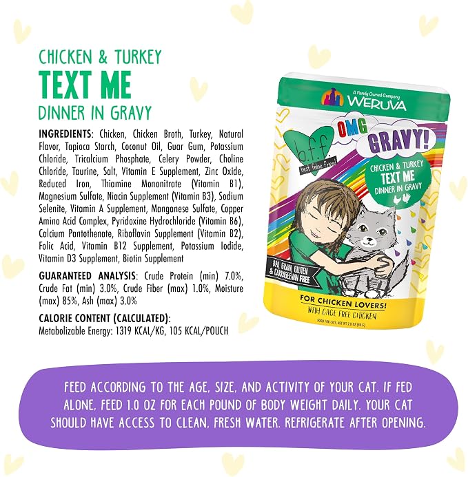 Weruva B.F.F. OMG - Best Feline Friend Oh My Gravy!, Chicken & Turkey Text Me with Chicken & Turkey in Gravy, 2.8oz Pouch (Pack of 12)