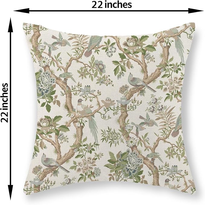 Green Floral Bird Pillow Covers 22x22 Set of 2 Chinoiserie Throw Pillows Green Vintage Flowers Bird Decorative Pillow Cases Outdoor Chinoiserie Decor Farmhouse Cushion Case for Couch Sofa