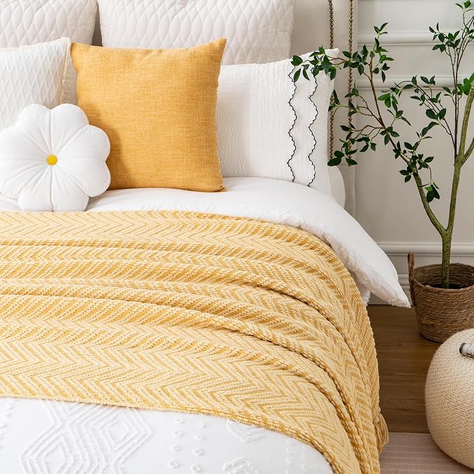 BATTILO HOME Gold Throw Blanket for Couch, Knit Yellow Throw Versatile for Chair, Super Soft Warm Mustard Throw Blanket with Tassels for Twin Bed, Sofa and Living Room, 60"x80"