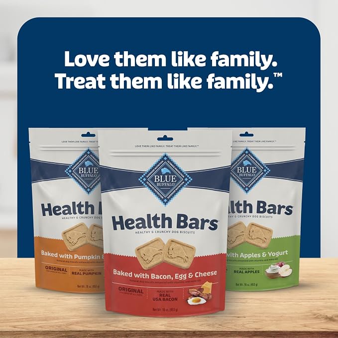 Blue Buffalo Health Bars Variety Pack Dog Biscuits, 16 oz | Bacon Egg & Cheese, Apple & Yogurt & Pumpkin & Cinnamon Recipes, Oven-Baked, Crunchy Texture
