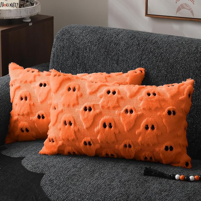 DFXSZ Halloween Pillow Covers 12x20 inch 2Pcs Orange Ghost Halloween Decor | Halloween Decorations Set of 2 Throw Pillow Cases Plush Faux Fur Wool Cushion for Chair Sofa Bedroom Living Room Home Decor