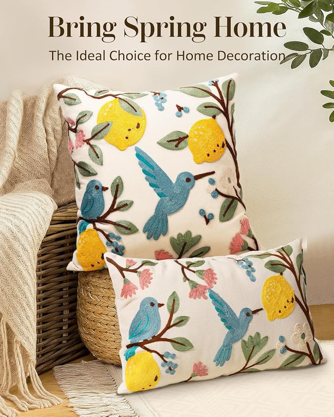 Embroidered Lumbar Pillow Cover 20x12 Inch, Bird Lemon | Decorative Throw Pillow Cover, Farmhouse Cushion Case with Hidden Zipper, Cottagecore Decor for Couch, Sofa, Living Room