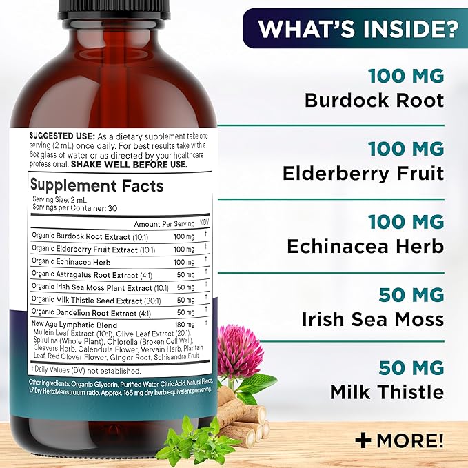 Organic Lymphatic Drainage Drops - All in 1 Organic Lymphatic Drainage Supplement with Burdock Root, Echinacea, Elderberry, Calendula, Cleavers Herb, Dandelion Supports Lymphatic Health - 2 OZ