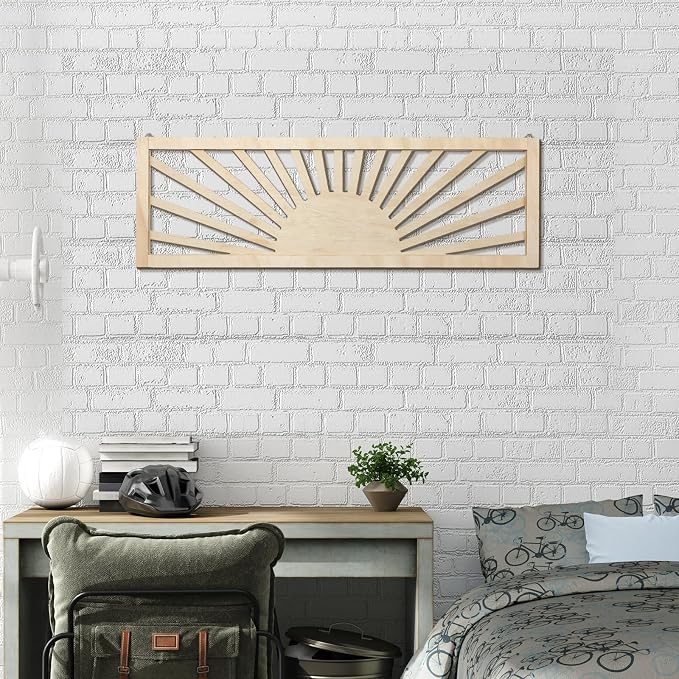 Burbell Horizontal Sun Wall Art 35"x12" Boho Wooden Room Decor,Wood Color | Long Panoramic Sun Art Above Bed, Vintage Bohemian Design, Carved Hollow Frame, Farmhouse Decor for Living Room Bedroom