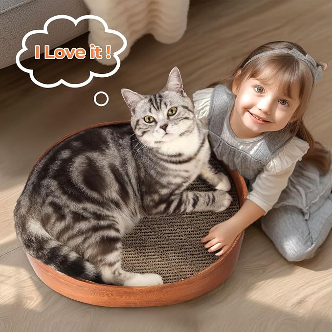 Oval Cat Scratcher Bed 16 in, 3 Reversible Cardboard Scratch Pads for Cats | Cat Scratching Board, Corrugated Cardboard Inserts, Double-Sided Use, Bowl Shape, Furniture Protection, Indoor Floor Use
