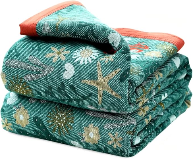 LUTBM Boho Throw Blanket for Bed, 100% Cotton Soft Cozy Breathable Quilt | Underwater Ocean Life Jacquard Farmhouse Decor, 80"x90" All Season Bed Blankets, For Sofa Couch Chair Bedroom Living Room