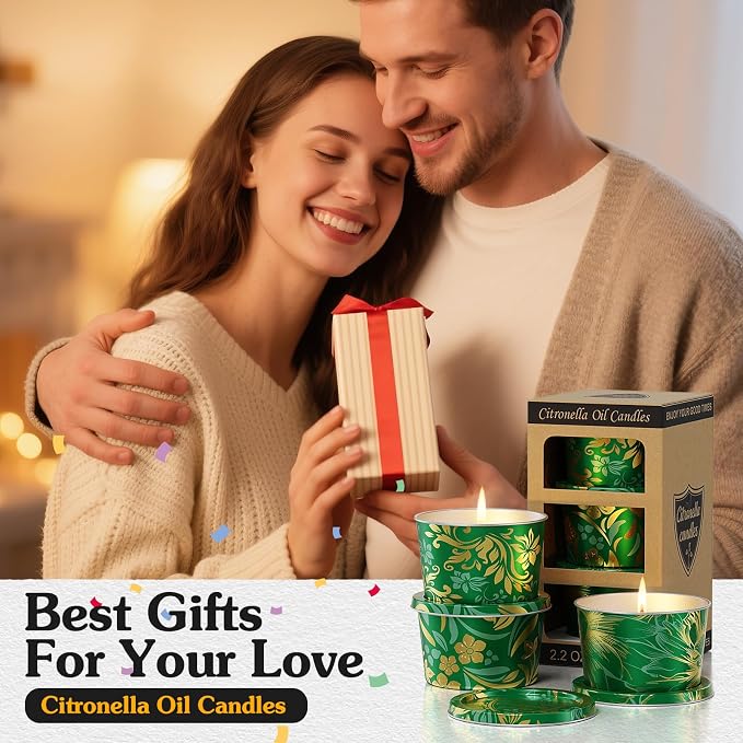 Citronella Candles Outdoor for Patio-3pcs Natural Soy Wax Portable Citronella Oil Candles in Decorative Tins, Long Lasting Summer Essentials for Camping, Backyard BBQ, Gardening & Outdoor Dining