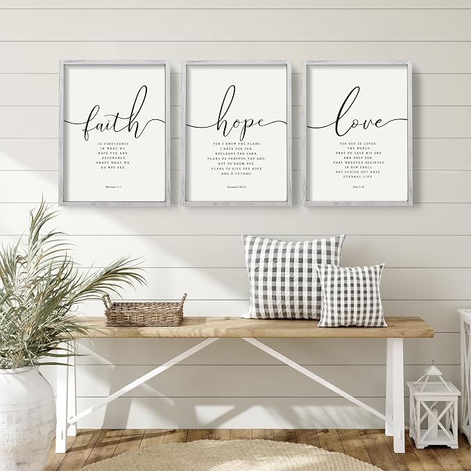 Houmury Set of 3 Framed Farmhouse Bible Verses Wall Decor Sign 11”x14” Christian Faith Scripture Wall Art for Home Bedroom Wall Decor (11"x14" Grey)