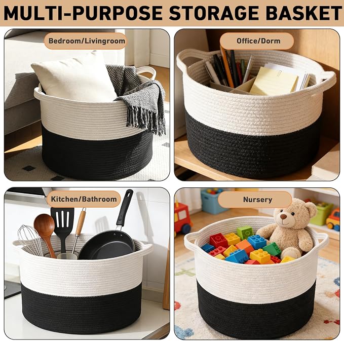 115L Extra Large Blanket Basket,Woven Laundry Basket-White&Black | Collapsible, reinforced handles, nursery storage bin organizes clothes, toys and pillows for living room, bedroom bathroom