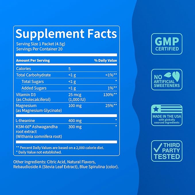 Nello Supercalm Powdered Drink Mix, Blue Coconut, L Theanine, Ksm-66 Ashwagandha, Magnesium Glycinate, Vitamin D 3, Supplements for Relaxation & Focus, No Sugar, Non GMO, On The Go, 20 Srvgs