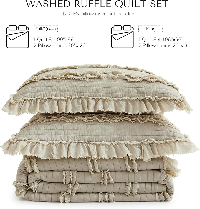 Ultra Soft Ruffle Fringed Quilt King Size,Shabby Chic Rustic Beige Bedding Set, Stone Washed Boho Decorative Quilt with 2 Pillow Shams for All Season