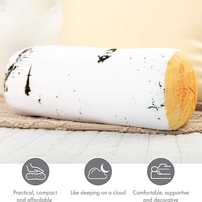 PILLOWY Microbead Log Roll Pillow - Bolster Tube Pillow Cushion Perfect Therapy Pillow - Airy Squishy Soft Bead Bag Bed Room Decoration, Neck Pillow Back Head Body Support, 14" X 8", Birch Wood