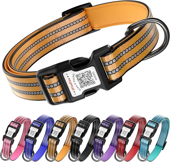 Personalized Dog Collar with QR Code Dog Tag, Orange L | Anti-lost, 1000D nylon, reflective, padded, XS-L(8"-24"), QR buckle shares lost pet profile, location alerts when scanned