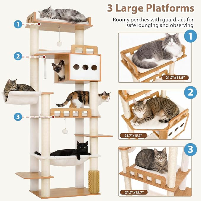 Modern Cat Tree, 76'' Tall Cat Tower - 3 Big Platform GCT103WB