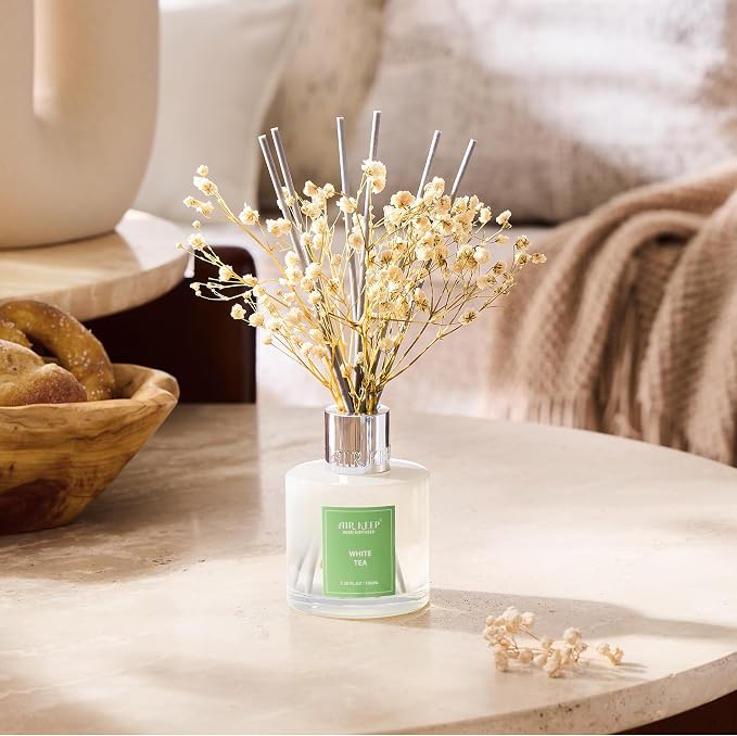 Airkeep Reed Diffuser Set,3.38 fl oz (100 ml) - White Tea Oil Diffusers with 8 Reed Sticks, Home Fragrance Reed Diffuser for Bathroom Shelf Decor