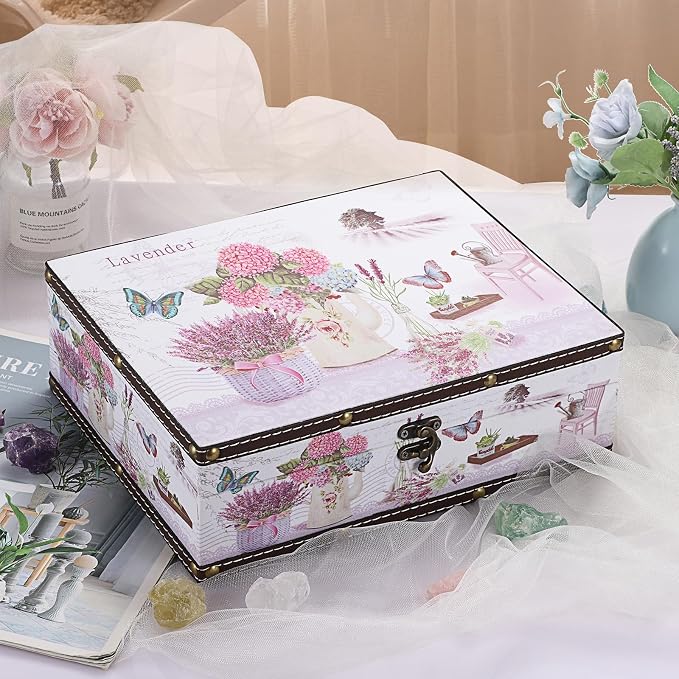 ELLDOO Wooden Treasure Chest Box, Wooden + PU Leather Storage Decorative Box for Jewelry Trinkets Photos, Vintage Rectangular Keepsakes Box for Girls Women Gifts