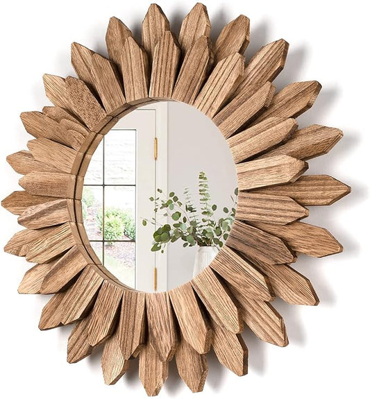 Wall Mirror Decorative 12 inch Rustic Wood Mirror Sunburst Boho Mirror for Entryway Bedroom Living Room Bathroom House Warming Gifts New Home Essential Carbonized Black