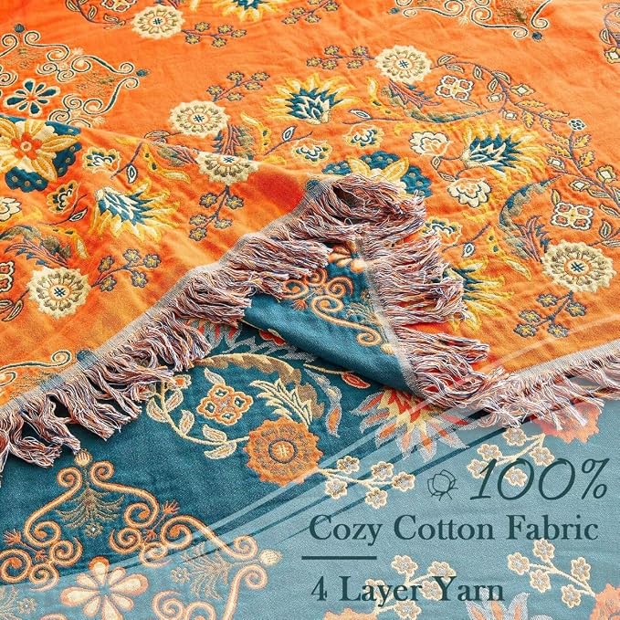 XIBLC Boho Throw Blanket, 100% Cotton Ultra Soft Luxury Throw Rustic Quilt, 90"x98" Floral Printed Farmhouse Decor Bed Summer Blankets, All Season Rustic Reversible Bohemian Throw for Bed - Orange