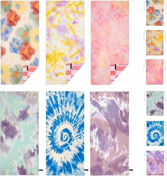 6 Pack Microfiber Beach Towel Oversized with 6pcs Travel Bag, 71 * 36 Cruise Quick Dry XL Beach Towels for Cruise Pool Yoga Gym Gift, Lightweight Absorbent Large Beach Essentials, Tie dye