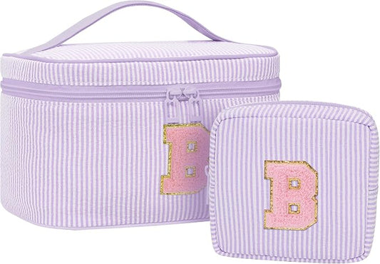 MONSTINA Cute Makeup Bag for Girls&Women Personalized Initial Toiletry Bag,Make Up Case for 11 12 13 14 15 16 Years Old Teen Girls Gift Trendy Stuff Birthday Gift for Her,2PCS Purple B