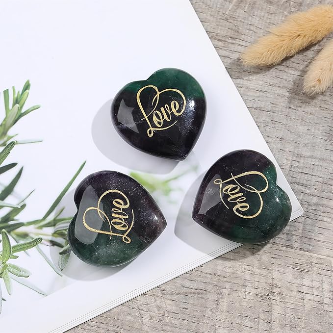 ZHIYUXI 45mm Fluorite Crystal Engraved Heart Crystal Stone Healing Gifts Gemstones Heart Rocks Polished Stones Fluorite Gem Meditation Gifts for Women Men Reiki Energy Balance