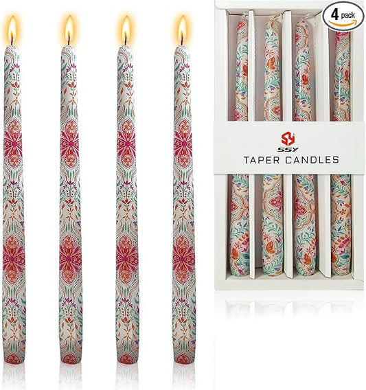 Candlesticks 10 in Vintage Floral Taper Candles Hand Printing Flowers Candlesticks Tall Printed Tapered Candle Sticks for Home Garden Decor Simple Modern, 4 Pack