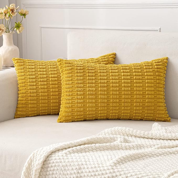 MIULEE Lumbar Corduroy Decorative Throw Pillow Covers 12x20 Mustard Yellow | Pack of 2 Soft Boho Striped Pillow Covers Modern Farmhouse Home Decor For Sofa Living Room Couch Bed