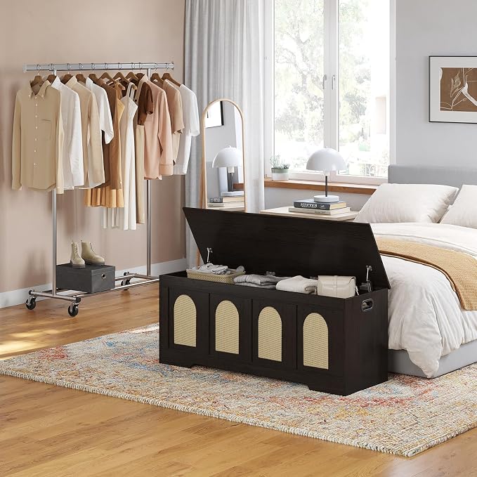 Storage Chest, Wooden Toy Box, Espresso Oak 47.2" L | Entryway Shoe Bench, 2 Safety Hinges, Finger-safe Flip-Top, Easy Assembly, Farmhouse Large Trunk, Rattan, Living Room/Bedroom