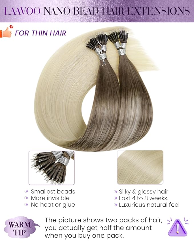 LaaVoo Nano Bead Hair Extensions Human Hair Blonde Nano Ring Hair Extensions Ombre Color Ash Brown Fading to Light Blonde 14 Inch 50s 50g