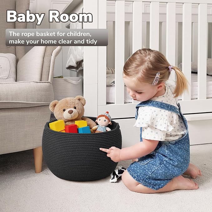 Goodpick Large Woven Storage Basket with Handles, 15.7" x 10.5", Black | Round Toy Storage for Kids, Cotton Rope Basket for Nursery Living Room, Holds Blankets, Toys & Baby Shower