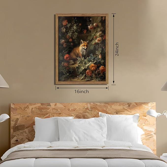 Framed Dark Academia Fox Canvas Wall Art, Sitting Fox Surrounded by Flowers, Elegant Vintage Botanical Poster, Fine Art Print for Living Room Bedroom Study – Dark Wooden Frame 16x24in