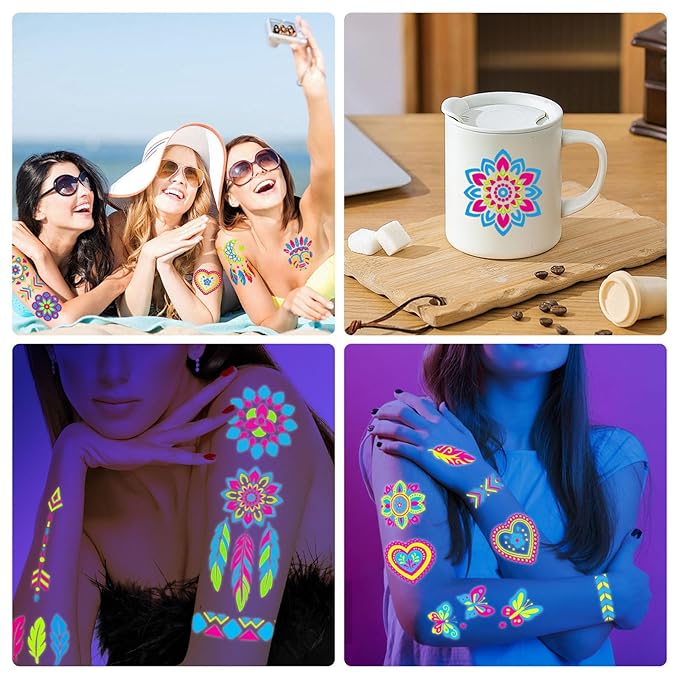 32 Sheets Temporary Tattoo Glow in the Dark, UV Neon Fluorescence Body Arm Fake Tattoo Waterproof Stickers for Women Men Party Favors, Rave Festival Party Supplies