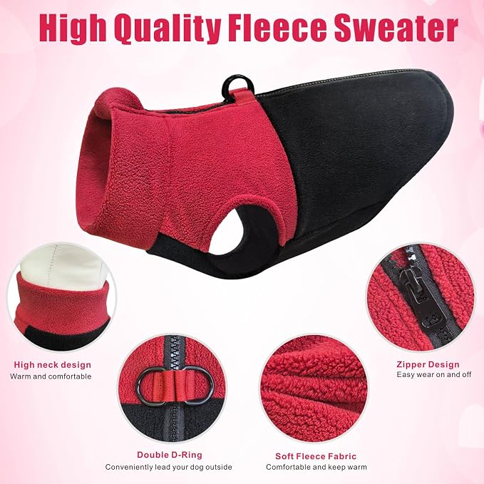 Idepet Dog Fleece Vest Sweater Zip Up Warm Pullover Dogs Jacket with D-Ring Leash Winter Cold Weater Coat Pet Sweatershirt Clothes Hoodie for Small Medium Dogs Boy Girl (Red/Black, M)