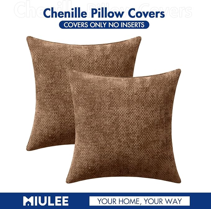 MIULEE Decorative Couch Throw Pillow Covers 18x18 in Golden Brown 2 Pack | Modern Boho Neutral Accent Pillows, Soft Chenille Pillow Covers, Farmhouse Cushion Cases for Home Decor Bed Sofa Living Room