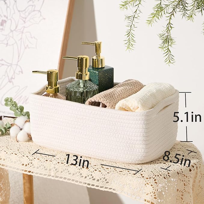 MiniArk Small Storage Baskets for Organizing | Closet Organizer Bins | Shelf Toy Basket | Woven Rope Baskets | Cube Decorative Box | Shallow Basket | 13x8.5x5.1” | 4 Packs Off White