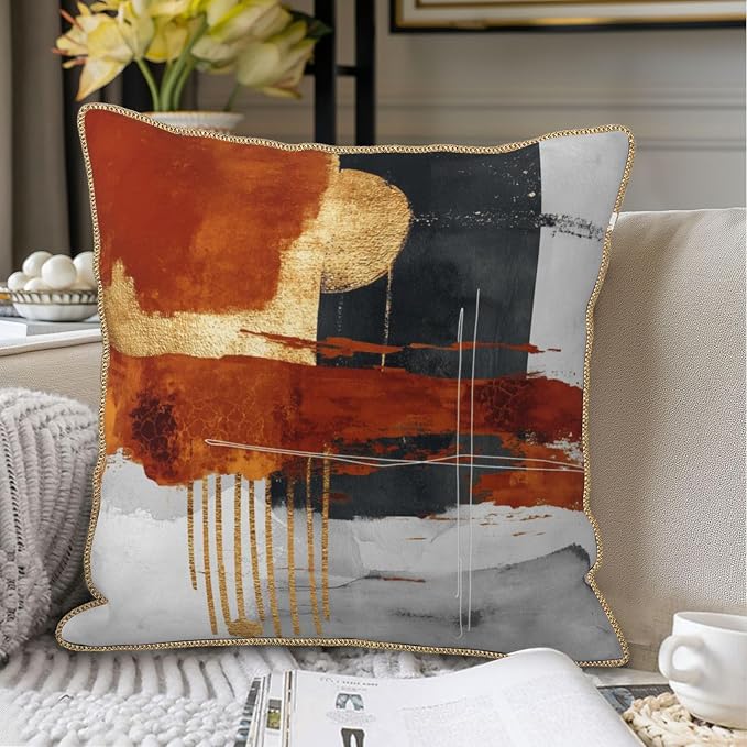 Retro Burnt Orange Gold Velvet Pillow Covers 18x18 Inch Abstract Rust Gray Black Throw Pillows For Couch Cushion Covers Pillowcase Rustic Farmhouse Pillow Cases for Sofa Bed Living Room Outdoor