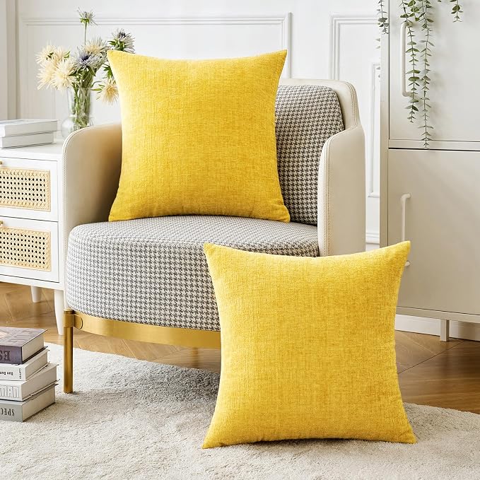 MIULEE Soft Chenille Throw Pillow Covers Yellow 20x20 Inch Pack of 2 | Modern Home Decor, Classic Decorative Pillows, Solid Dyed Cases, Boho Couch Cushion Covers for Sofa Bed Living Room