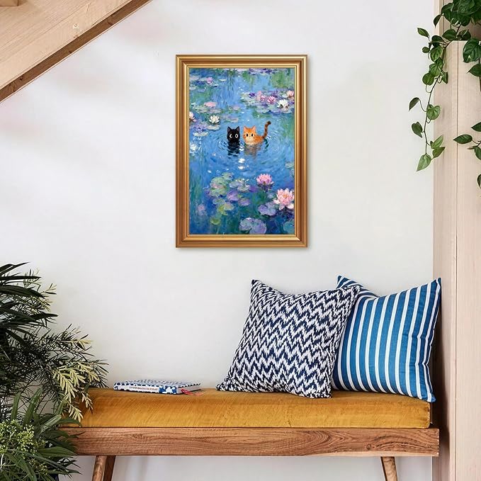 ICHZUMW Gold Framed Funny Cats Monet Water Lilies Canvas Wall Art, 12x16 In | Quirky Black and Orange Cats, Humorous Bathroom Wall Decor, Bedroom Restroom Powder Room, Fade Resistant, Ready to Hang