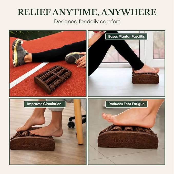 Brookstone Foot Massager Roller Plantar Fasciitis Pain Relief - Wooden Under Desk Feet Massage - Dual Manual Heel Massagers - Wood Rolling Acupressure Tool with Reflexology Guide - Gift for Men, Women