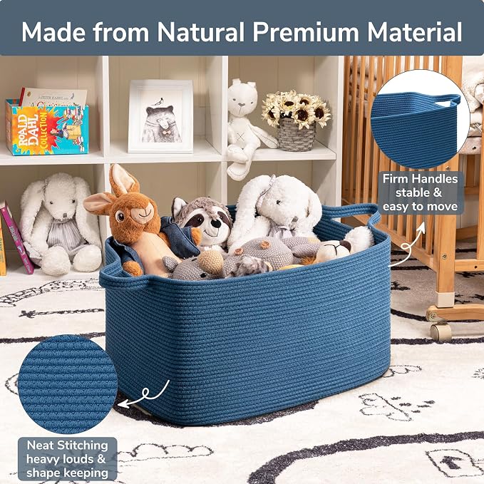 Goodpick Large Woven Rope Blanket Basket, Rectangle, Dark Blue | 21.6'' x 14.9'' x 11.8'' Storage Basket for Blankets & Toys, Living Room, Bedroom & Nursery Organization, Reinforced Handles