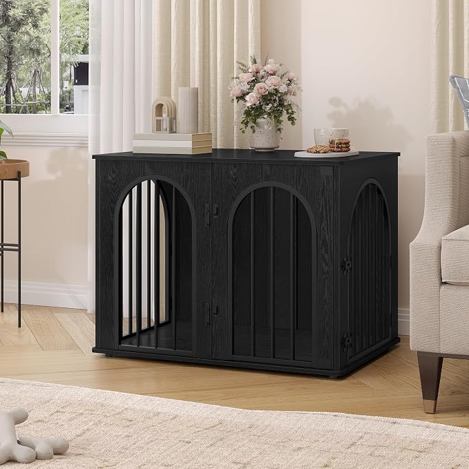 Hzuaneri 31.5'' Dog Crate Furniture,Dog Kennel Indoor for Small/Medium Dogs | Dog Kennel Furniture Wooden Dog Cage Heavy Duty Dog Crate Decorative Pet House End Side Table TV Stand,Black DFC85104B