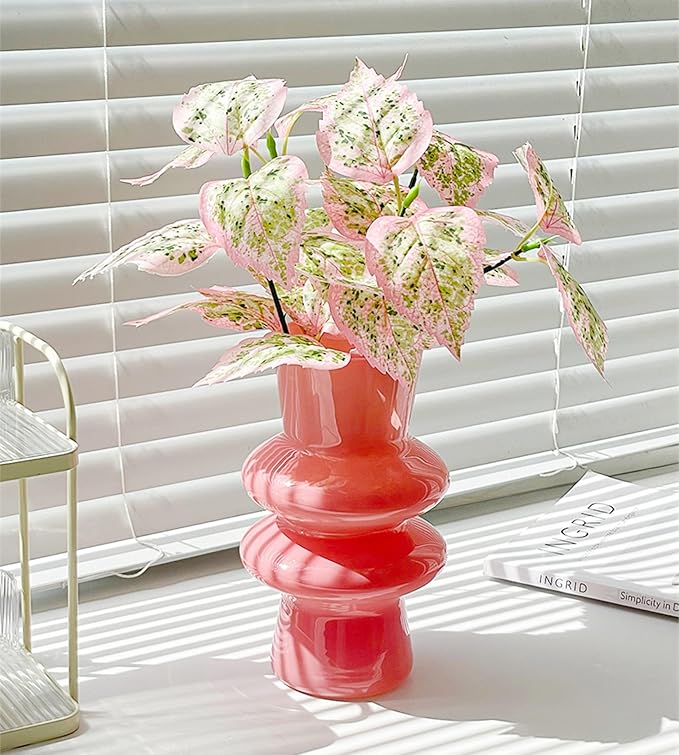 JSPYFITS Modern Glass Vases, 7.87" Tall Four-Layer Book Vase Bubble Flower Vases Decorative for Home Decor, Pink Glass Table Vase for Wedding Housewarming Gift