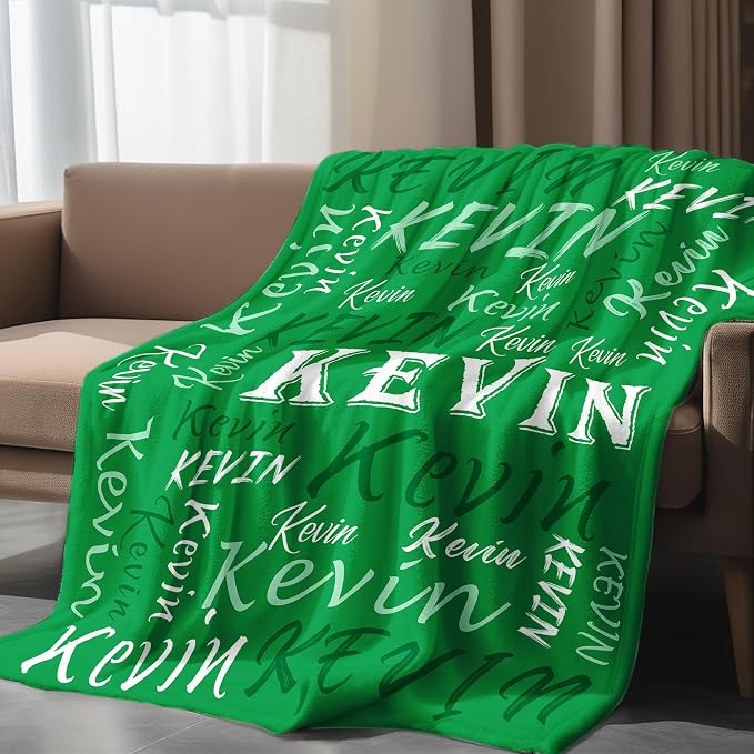Personalized Green Theme Soft Flannel Fleece Throw Blanket with Name, Customized Gift for Men, Women, Boys, Girls, Kids