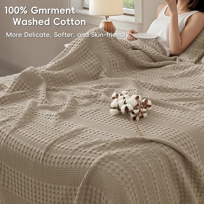 PHF 100% Cotton Waffle Blanket Oversized King 120"x120", Lightweight Breathable Extra Large 10'x10' Blankets for Bed, Giant Big Luxury Aesthetic Woven Bedding for Home Decor, Taupe
