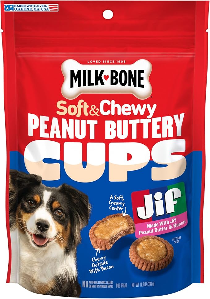 Milk-Bone Soft & Chewy Peanut Buttery Cups, 11.8 Oz. Bag | Filled soft dog treats with Jif peanut butter & real bacon